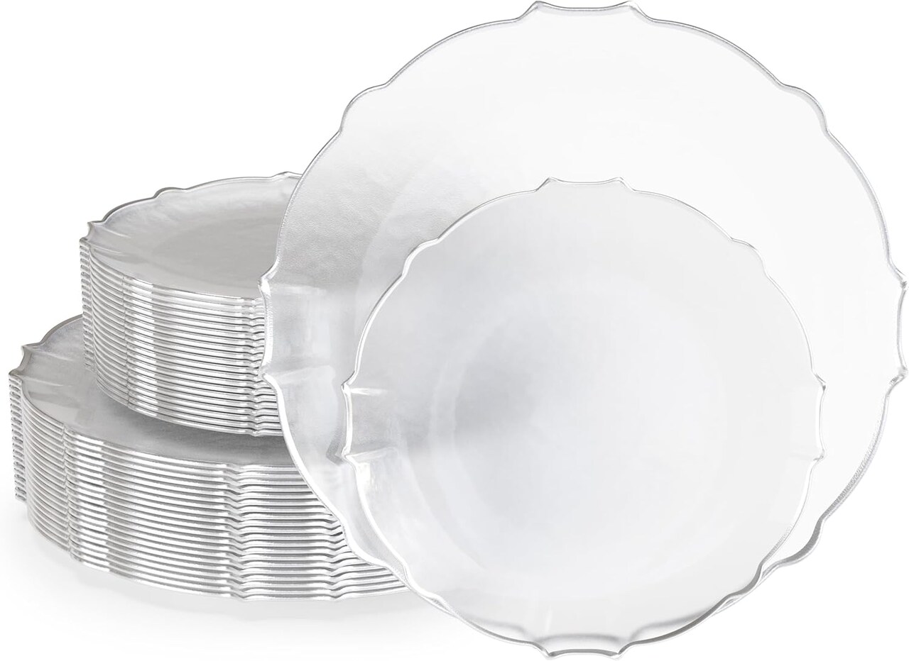 Trendables Plastic Plates for Party Fancy Plastic Dinner Plates For Guest 7.5 inch Dessert Plates & 10 Inch Thin Delicate Disposable Dinnerware Charger Plate Set